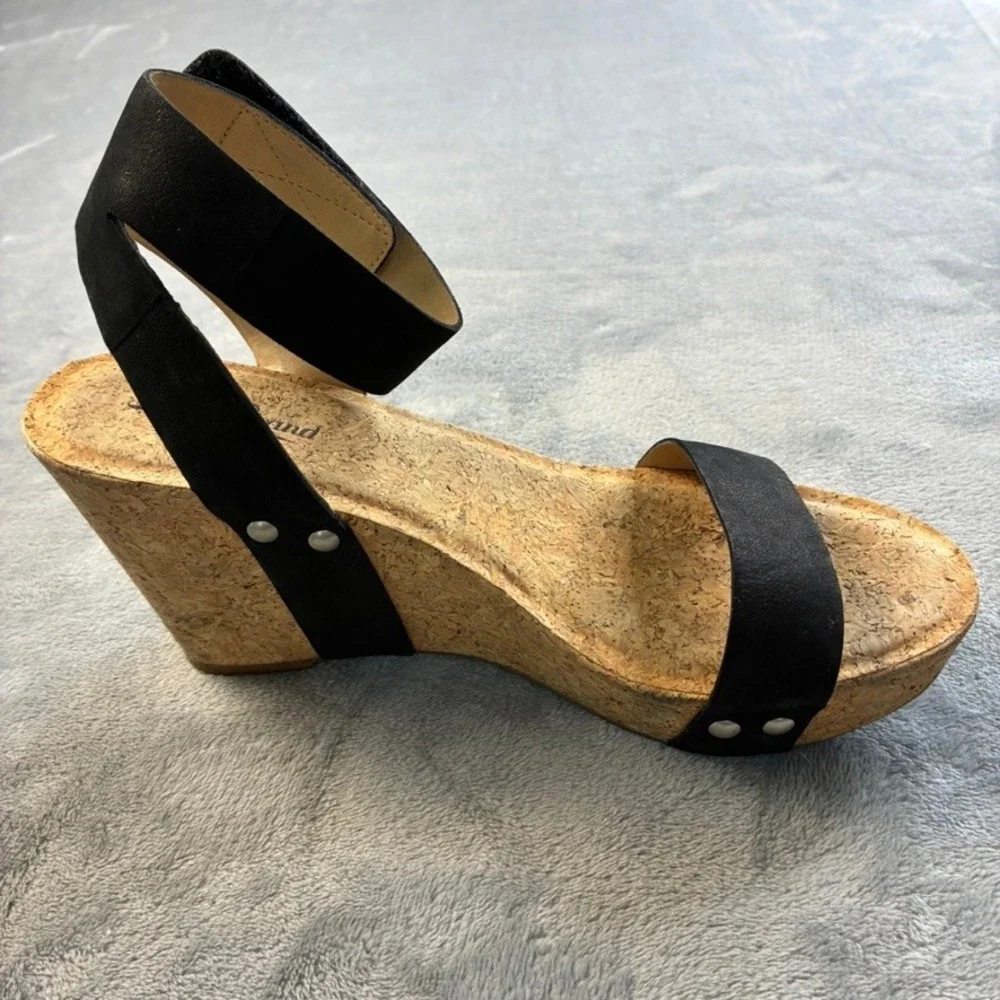 Lucky Brand McDowell Black Leather Cork Wedge Heel Sandals Womens 8M LK-MCDOWELL